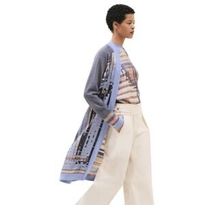 Hermes Blue Silk Blend "Coaching Deja Vu" Long Sleeve Twillaine Cardigan 38 6 US